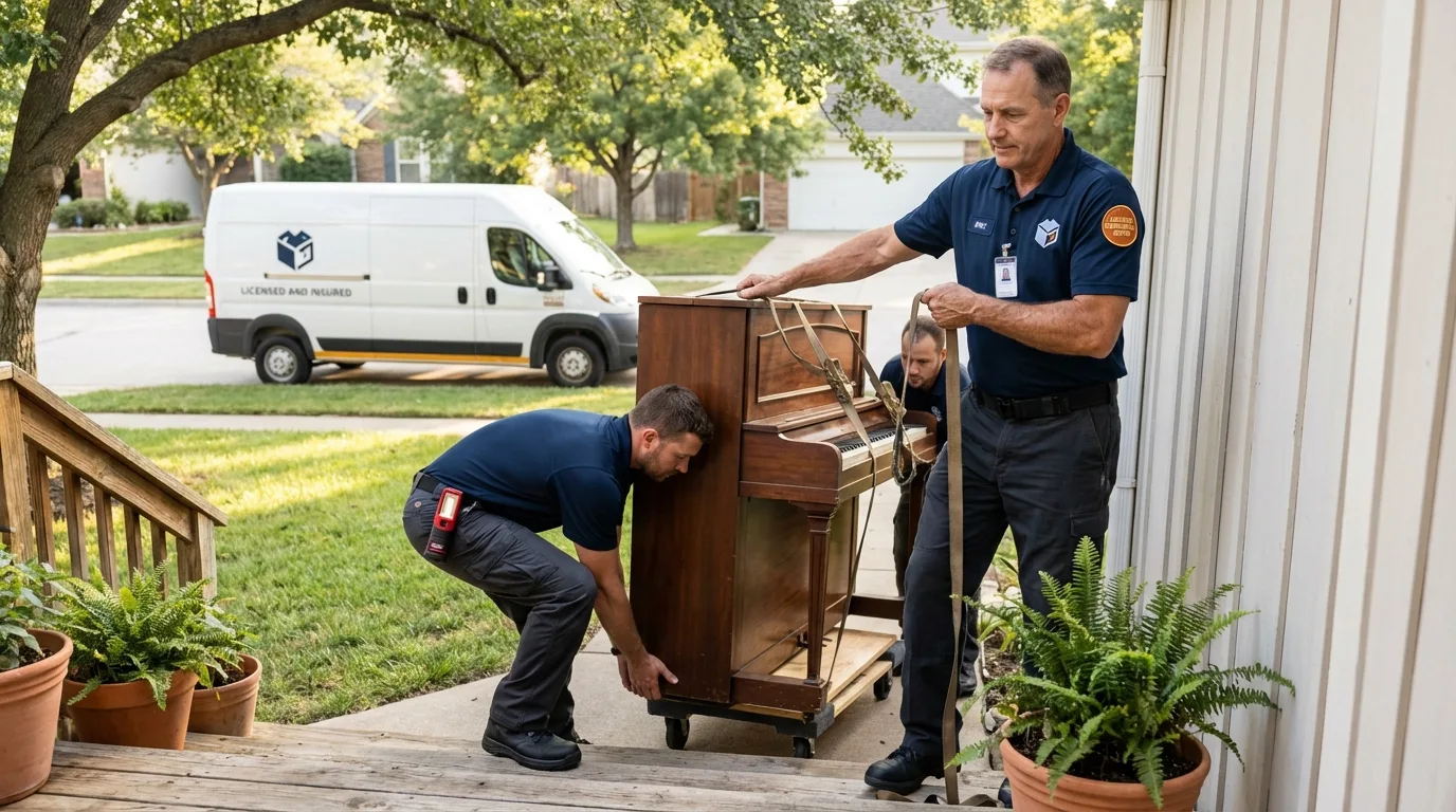 Licensed piano movers securing grand piano in Payson, UT
