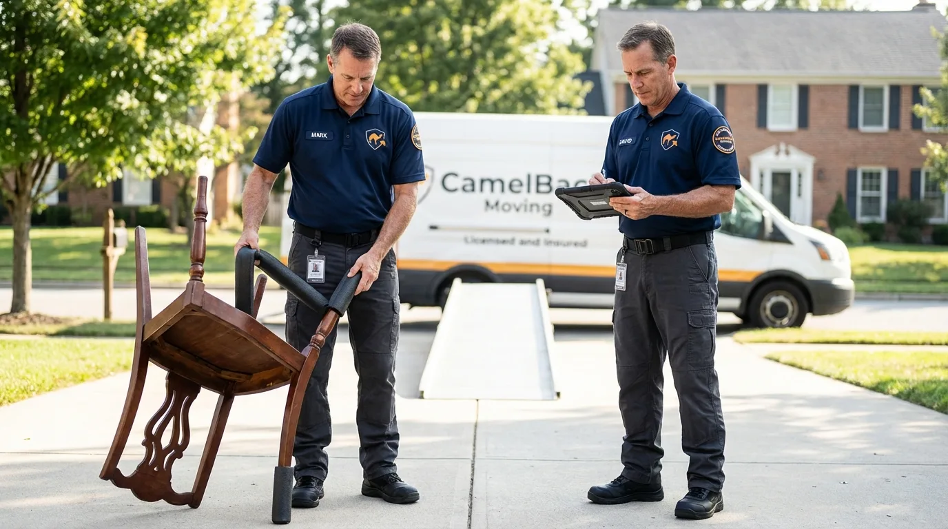 Movers inspecting furniture for damage prevention before loading in Payson, UT